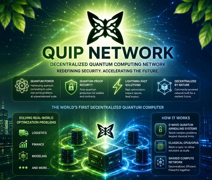 A promotional graphic for 'QUIP NETWORK', a 'DECENTRALIZED QUANTUM COMPUTING NETWORK', featuring green glowing text, a butterfly logo, and sections detailing quantum power, security, and applications in logistics, finance, and modeling.