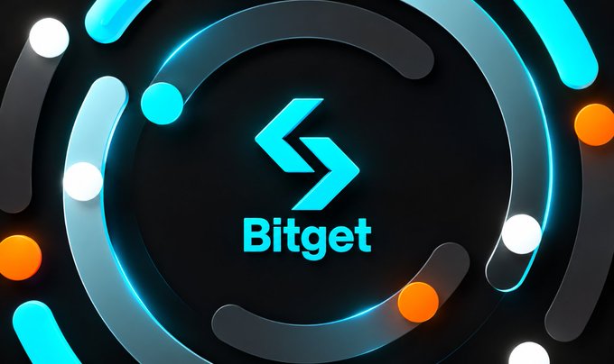 A dark promotional graphic featuring the 'Bitget' logo surrounded by glowing cyan and orange circular accents.