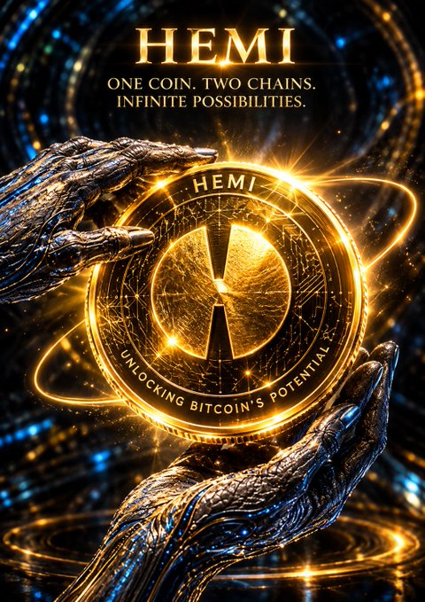 A dramatic cryptocurrency promotional image for 'HEMI' with the tagline 'ONE COIN. TWO CHAINS. INFINITE POSSIBILITIES,' showing metallic hands holding a glowing golden coin engraved with 'UNLOCKING BITCOIN'S POTENTIAL.'