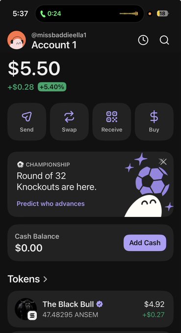 Screenshot of a crypto/banking app showing account @missbaddieella1 with a balance of $5.50 (+5.40%), action buttons for Send/Swap/Receive/Buy, a 'Championship Round of 32 Knockouts' prediction banner, and a token holding of 'The Black Bull' (47.48295 ANSEM) valued at $4.92.
