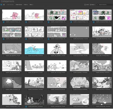A grid display on the "Companions" storyboard tab shows multiple thumbnail scenes featuring pink and gray clay-like characters in various settings, consistent with the Claynosaurz brand mentioned in the post. The scene descriptions reference concepts like "love," "trust," "kindness," "sourness," "quietness," "feels," "devotion," "tunnel," "moon," "saturn," and "mellow," reflecting the wholesome, character-driven aesthetic compared to Hello Kitty/Snoopy vibes.