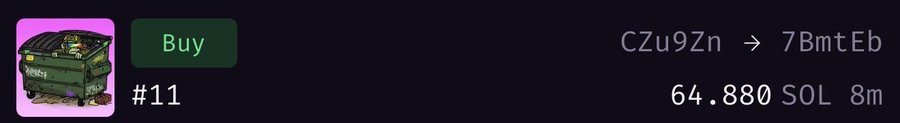 A dark screen showing a digital marketplace listing with a 'Buy' button, a dumpster image tagged #11, transaction IDs 'CZu9Zn → 7BmtEb', and a price of '64.880 SOL 8m'.