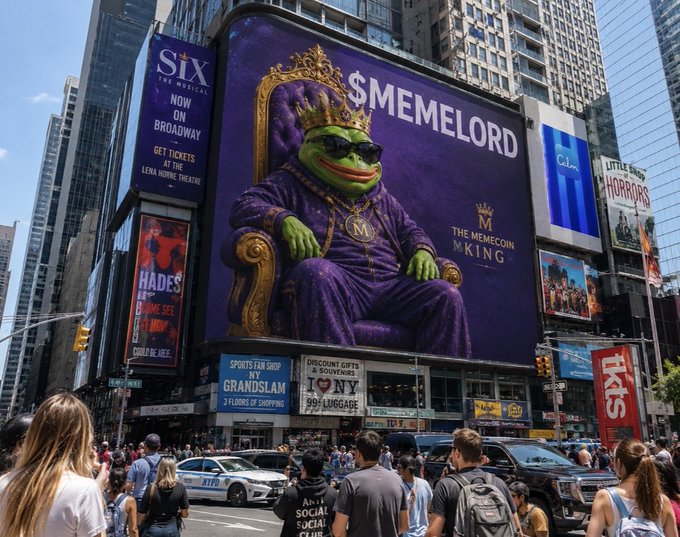 The image shows a large billboard featuring a cartoon frog wearing a purple suit, sitting on a golden throne with sunglasses. The billboard also includes text that reads "One day you’ll walk through Times Square and see the kingdom everywhere. Today it's a vision. Tomorrow it's reality. Built by memes. Driven by conviction. The lords aren't thinking small. We're thinking global." This billboard is located in Times Square, New York City, which is known for its bustling streets and iconic landmarks like the Empire State Building.