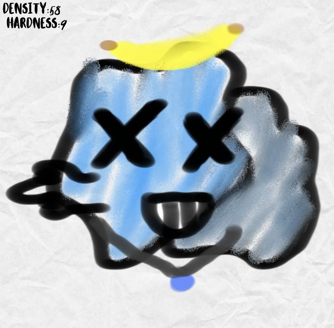 A hand-drawn, childlike digital illustration of a blue blob character with X eyes and a wide open mouth, wearing a yellow banana on its head, with text reading 'DENSITY: 5.8 HARDNESS: 9' in the top left corner.