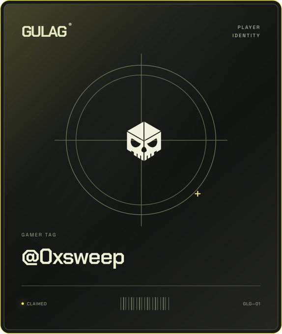A dark-themed digital player ID card from GULAG featuring a skull logo in a crosshair, labeled as "PLAYER IDENTITY" with the gamer tag "@0xsweep" and marked "CLAIMED."