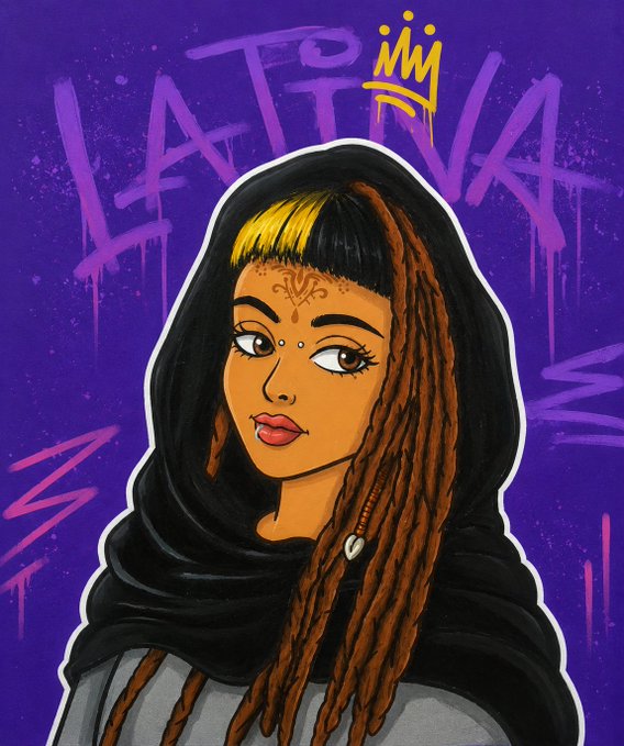 A colorful digital illustration features a woman with brown locs, a black hood, and yellow bangs against a purple graffiti-style background with the word 'LATINA' and a crown.