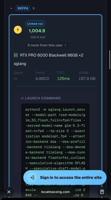 A screenshot showing benchmark results for 'NVFP4' with '1,004.9 tok/s out' using 'RTX PRO 6000 Blackwell 96GB x2' and a launch command for sglang.