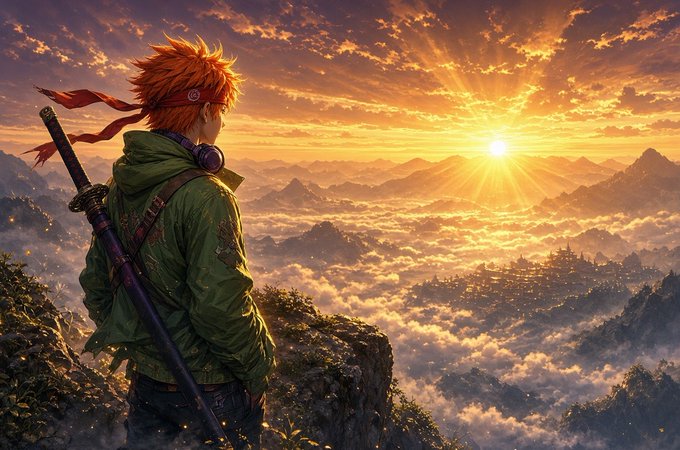 An anime-style illustration depicts a young warrior with spiky red hair, wearing a green jacket and carrying a katana, gazing at a sunset over a misty landscape.