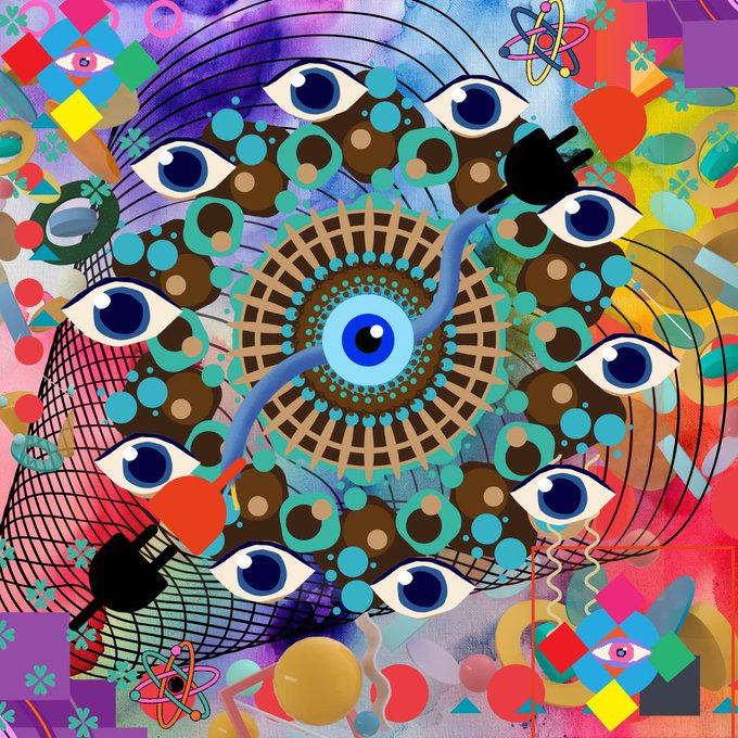 A vibrant, psychedelic abstract artwork centered around a large blue eye, surrounded by numerous smaller eyes, geometric shapes, and colorful patterns in pinks, blues, and greens.