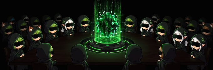 A group of hooded figures with green glowing eyes gather around a circular table illuminated by a holographic green projection, suggesting a secretive council or collective decision-making process. The image relates to the post by depicting a "council" or community consensus metaphor, aligning with the theme of Yuzo as a collaborative Bitcoin ecosystem project bringing together NFTs, DeFi, RWA, and AI tools.