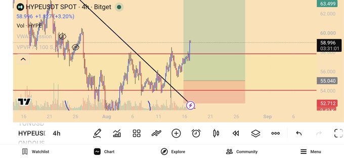 A 4-hour HYPE/USDT chart on Bitget shows the cryptocurrency trading at $58.996 (+3.20%), bouncing off a descending trendline from the $54-55 support zone toward the highlighted $55.04-$63.49 target area, visually supporting the post's claim of a successful trade from $55 to $59 with long-term upside potential above $100.