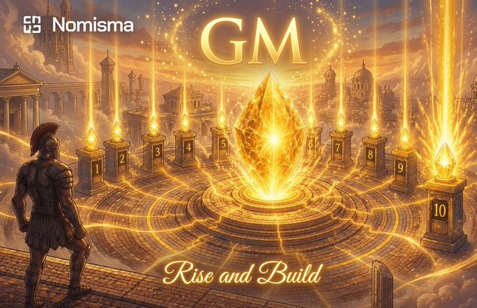 A fantasy promotional graphic for Nomisma featuring 'GM - Rise and Build' with a warrior in armor overlooking glowing pedestals labeled 1-10 arranged around a central golden crystal in a mystical ancient city.