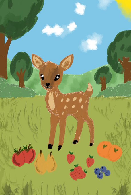 A digital painting of a cute brown deer fawn with white spots standing in a grassy field surrounded by illustrated fruits including tomatoes, bananas, strawberries, oranges, and blueberries, under a blue sky with white clouds.