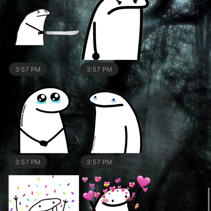 A collection of cartoon character stickers sent in a chat at 3:57 PM, featuring a knife-wielding figure, two emotional characters with tearful eyes, a party celebration image, and one surrounded by pink hearts.