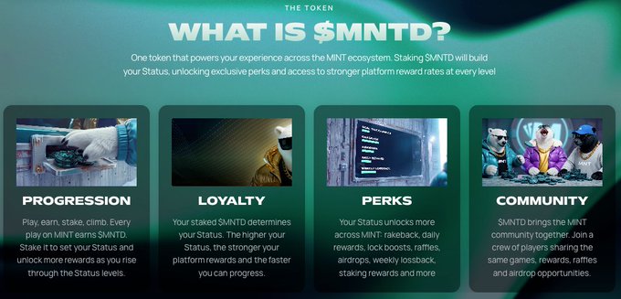 A promotional infographic titled 'WHAT IS $MNTD?' explaining the MNTD token's role in the MINT ecosystem, highlighting four benefits: Progression, Loyalty, Perks, and Community.