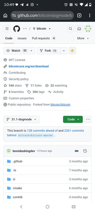 A mobile screenshot of the GitHub repository 'bitcoindogmode/b...' showing it is forked from bitcoin/bitcoin with 546 stars, 11 forks, and displays a '31.1-dogmode' branch.