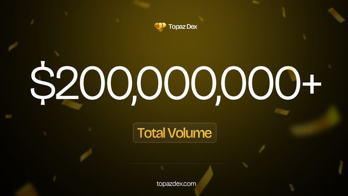 The image features a banner with white text that reads "Cumulative trading volume on Topaz DEX has reached $200,000,000+ on @BNBCHAIN To all our supporters, we truly appreciate every one of you, thank you for being part of the journey". The background is black and yellow. The image also includes confetti in the shape of a dollar sign, which adds to the festive atmosphere.