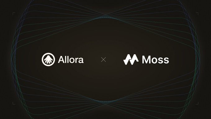 A dark promotional graphic showing logos for 'Allora' and 'Moss' separated by an '×' symbol, with abstract intersecting blue and green lines in the background.