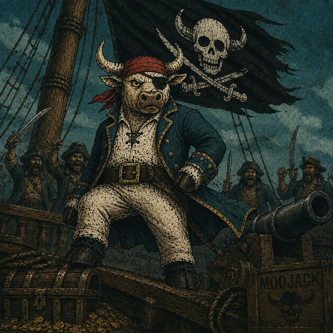 An illustrated artwork of a pirate pig with an eyepatch and red bandana standing on a ship deck, with a 'Jolly Roger' skull-and-crossbones flag flying behind and crew members wielding swords in the background.