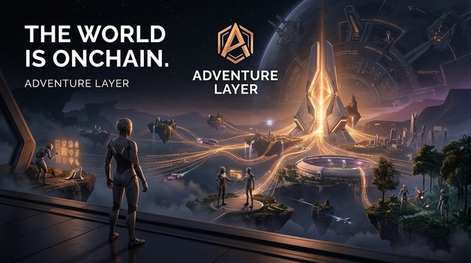 A sci-fi digital art illustration with text 'THE WORLD IS ONCHAIN.' labeling an 'ADVENTURE LAYER', depicting a futuristic cityscape with a figure overlooking glowing platforms.