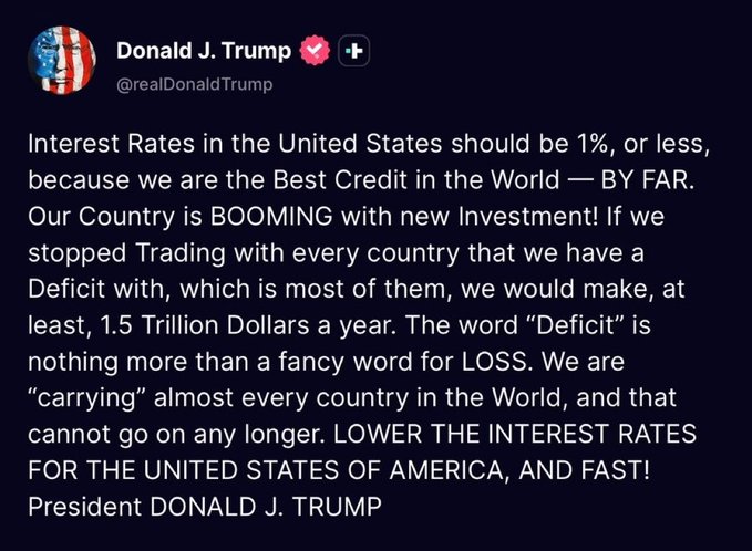 The image shows a Truth Social post from Donald J. Trump's verified account (@realDonaldTrump) calling for U.S. interest rates to be lowered to 1% or less, arguing that the U.S. is the "Best Credit in the World — BY FAR." The post aligns with the accompanying caption by showing Trump's direct demand for the Fed to reverse course, referencing the country "BOOMING" with new investment and claiming the U.S. would save at least $1.5 trillion per year by reducing rates.