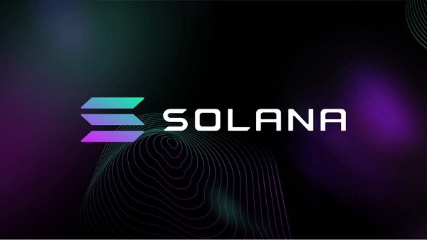 The Solana logo with its gradient emblem displayed on a dark background with purple and green lighting.