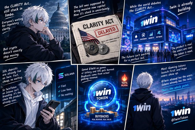 A six-panel comic about crypto regulation, featuring '1win' and '1win Token' (@1winToken), discussing the delayed 'CLARITY Act' and promoting 1win's offerings on the Solana network.