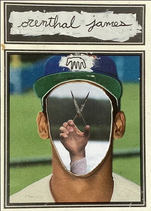 A surreal collage artwork titled "renthal james" shows a baseball player's head and cap, but with a large mirror replacing the face—reflecting a hand holding a knife—donated as a prize for a Metamorphosis mint raffle on Stargaze.