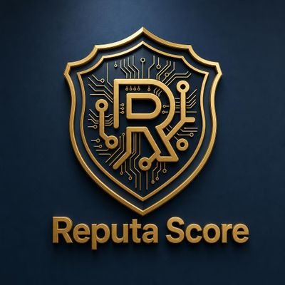 A gold and navy shield emblem featuring a stylized "R" with circuit board patterns is displayed above the text "Reputa Score." The design visually reinforces the post's message about Reputa Score's integration with Pi Network's Staking Data API to enhance reliability and accuracy within the Pi ecosystem.