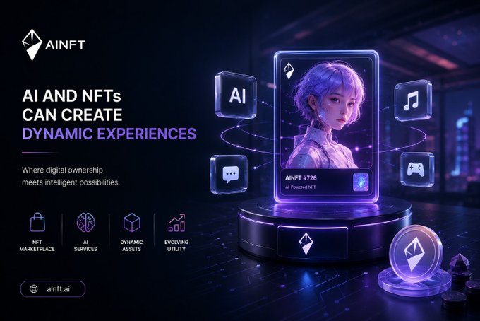 A promotional graphic for AINFT featuring the text 'AI AND NFTs CAN CREATE DYNAMIC EXPERIENCES' and 'Where digital ownership meets intelligent possibilities' alongside an AI-Powered NFT #726.