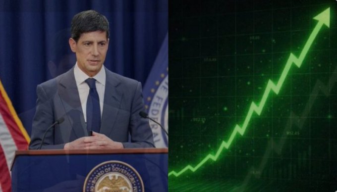 A man in a suit speaks at a Federal Reserve podium beside an upward-trending green chart, illustrating a post about the Fed's upcoming Treasury and reserve-management purchases and their potential bullish impact on risk assets like Bitcoin.