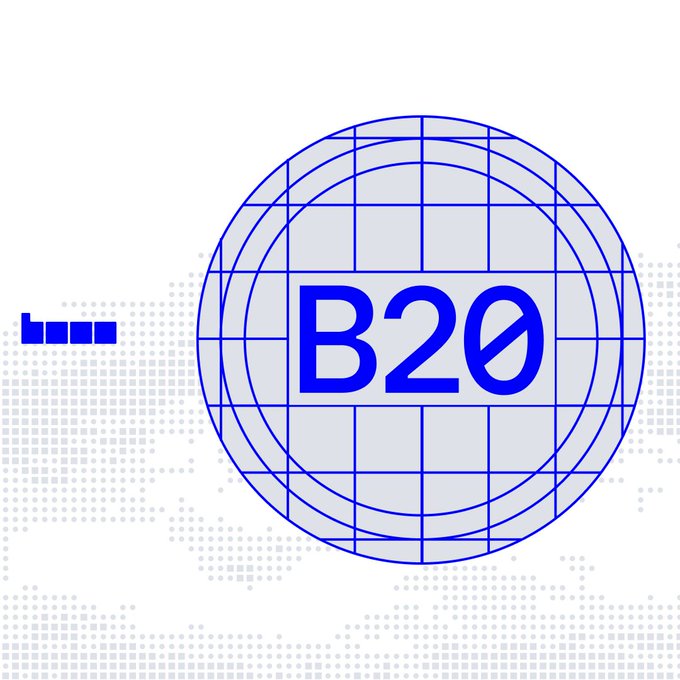 A blue graphic displaying the 'B20' logo within a globe-like grid design on a dotted world map background.
