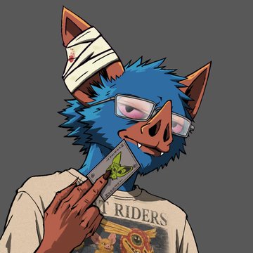 An illustrated anthropomorphic boar character with blue fur, glasses, and a bandaged ear holds a stack of money while wearing a shirt that reads 'RIDERS'.