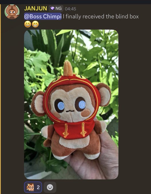 The image shows a Telegram message from user "JANJUN" to "@Boss Chimpi" saying "I finally received the blind box," featuring a plush monkey toy wearing a red hooded outfit with gold trim, held in someone's hand against a backdrop of green foliage. The plush appears to be a Chimper NFT merchandise item, fitting the post's theme of fans proudly displaying their Chimpers collectibles.