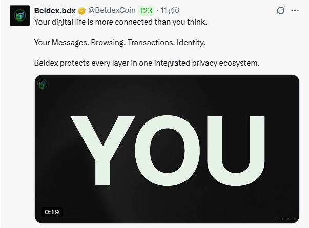 A post from Beldex (@BeldexCoin) stating 'Your digital life is more connected than you think' and mentioning that Beldex protects messages, browsing, transactions, and identity, accompanied by a video thumbnail displaying the word 'YOU'.