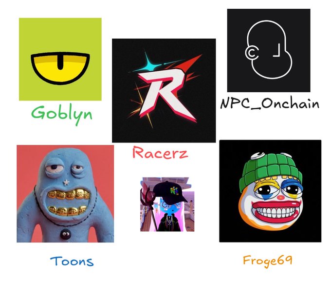 A collage featuring five cartoonish logos or NFT-style characters labeled 'Goblyn', 'Racerz', 'NPC_Onchain', 'Toons', and 'Froge69'.