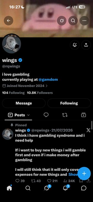 A screenshot of a Twitter profile for "wings" (@qwings), a verified user who joined in November 2024, with a pinned tweet discussing gambling addiction and a response directed at @gamdom.