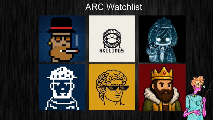 ARC Watchlist graphic featuring six pixel-art character avatars from various NFT collections including Cryptopunks-style, Arclings, and other profile picture projects.