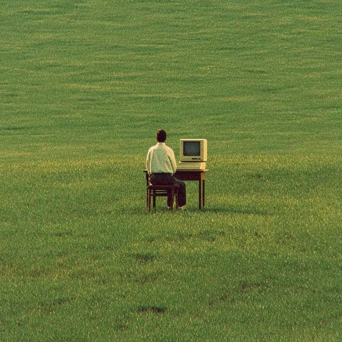 A lone figure in a white shirt sits on a chair at a desk with a vintage computer in the middle of a vast green field.