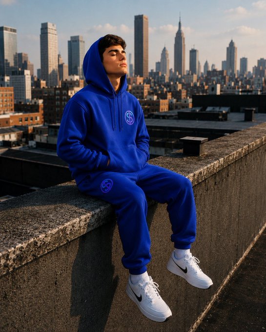 A young man in a vibrant blue matching tracksuit sits alone on a concrete rooftop ledge, gazing thoughtfully at a sweeping city skyline with the Empire State Building visible in the background. The image perfectly captures the contemplative mood of the post—portraying the solitary, dreamy feeling of someone perched on the edge, weighing whether to chase internet money or return to traditional employment.