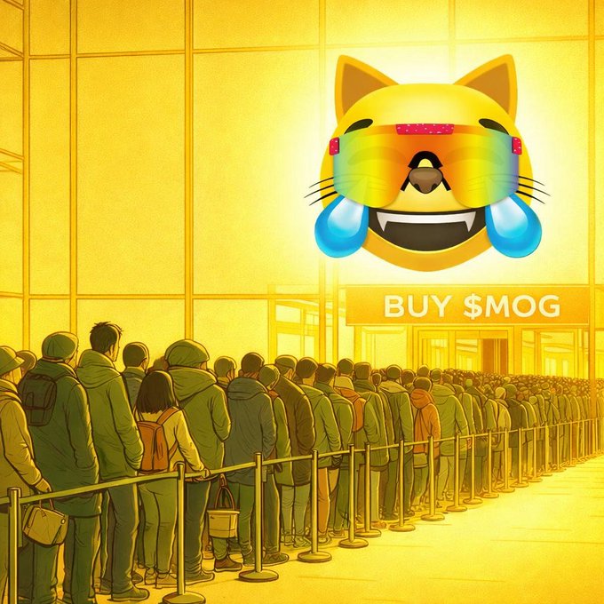 An illustrated scene of a large crowd queuing behind barriers toward a giant crying cat emoji wearing sunglasses, with a 'BUY $MOG' sign beneath it.
