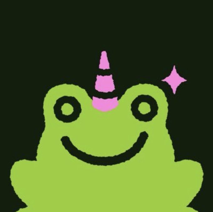 A simple, hand-drawn green frog with a pink unicorn horn and a sparkle sits against a black background, whimsically themed as a "unicorn frog" to match the celebratory post highlighting a successful crypto wallet address.