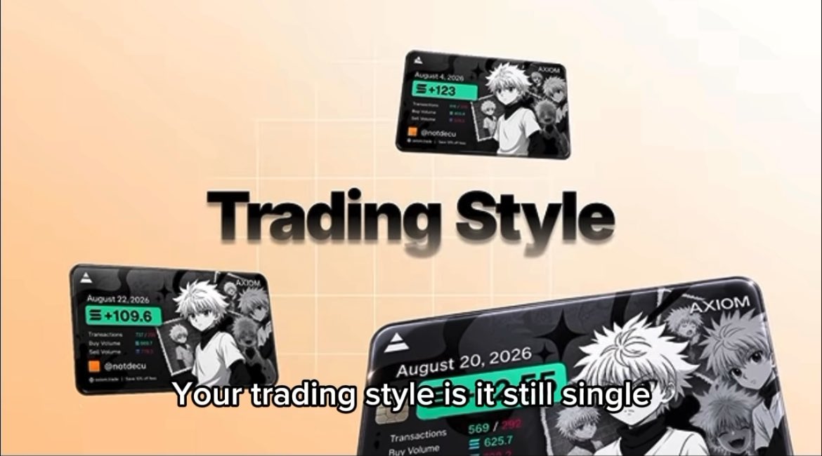 The image displays an anime-themed promotional graphic titled "Trading Style" featuring three card-like visuals with dates (August 4, 2026, August 22, 2026, and August 20, 2026), transaction volumes, and anime characters labeled "AXIOM" and "@notdecu," with a subtitle reading "Your trading style is it still single." This visually illustrates the post's theme of discussing different wallet/trading approaches, with the "single" reference to wallets playing on Daumen's commentary about splitting up positions versus keeping them all in one place.