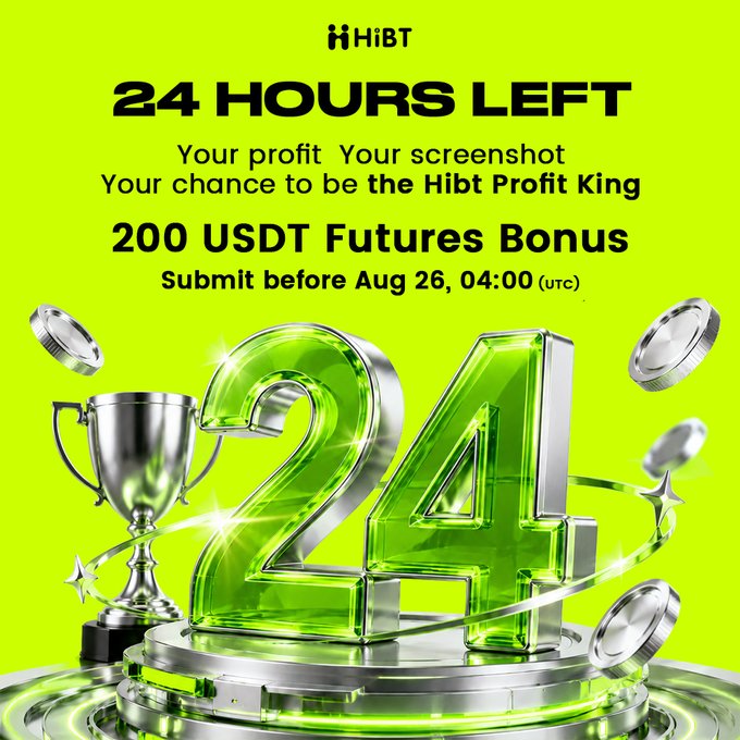 A bright green promotional graphic from HiBT announces "24 HOURS LEFT" for traders to share their profit screenshots and compete for the 200 USDT Hibt Profit King title, with submissions due before Aug 26, 04:00 (UTC), featuring a 3D translucent "24" beside a silver trophy and floating coins. The image reinforces the urgency of the post's call-to-action by visually counting down the final hours to enter the contest.