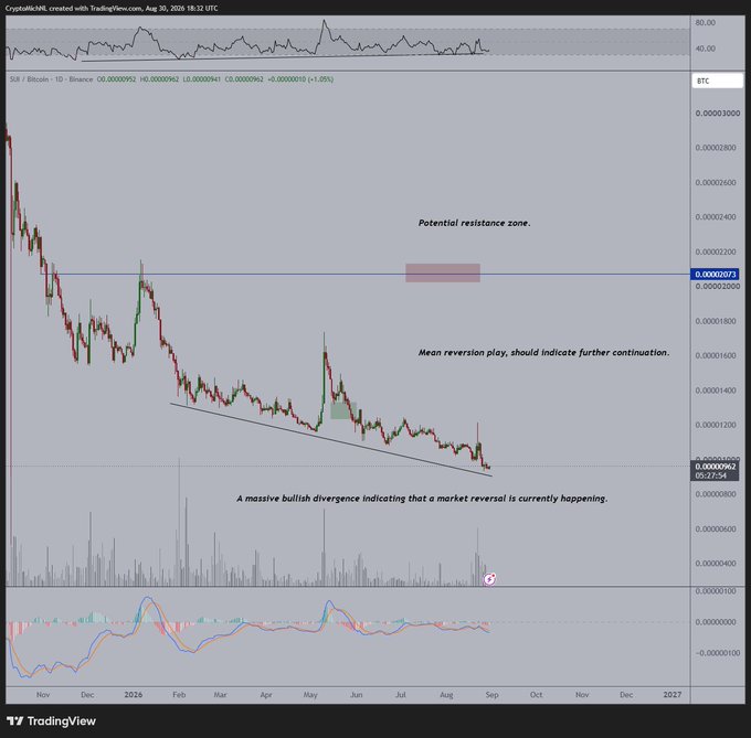 This TradingView chart displays the SUI/BTC pair on Binance from November to early 2026, highlighting a "potential resistance zone" around 0.00002073, "a massive bullish divergence indicating that a market reversal is currently happening," and "mean reversion play, should indicate further continuation"—technically supporting the claim of an impending bullish impulse for $SUI as it lags behind $SOL's upward movement.