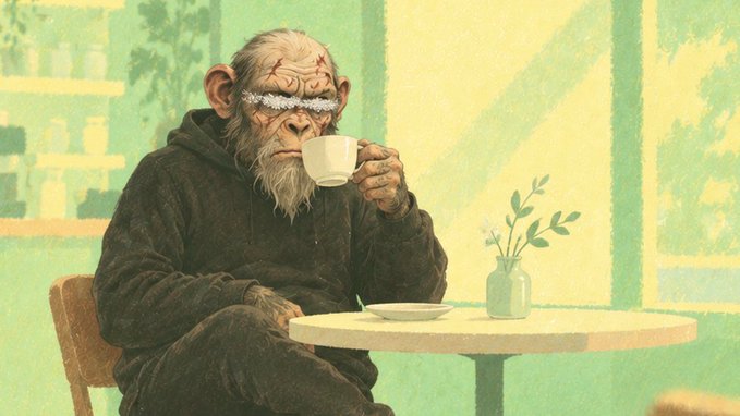 An illustration of an aged chimpanzee with white facial markings wearing a dark hoodie, sitting at a table drinking from a white coffee cup, with a small vase of flowers nearby.
