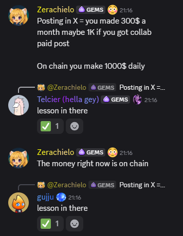 Discord chat screenshots showing user 'Zerachielo' and others discussing income from 'Posting in X' versus on-chain earnings, with messages mentioning '$300 a month' and '$1000 daily'.