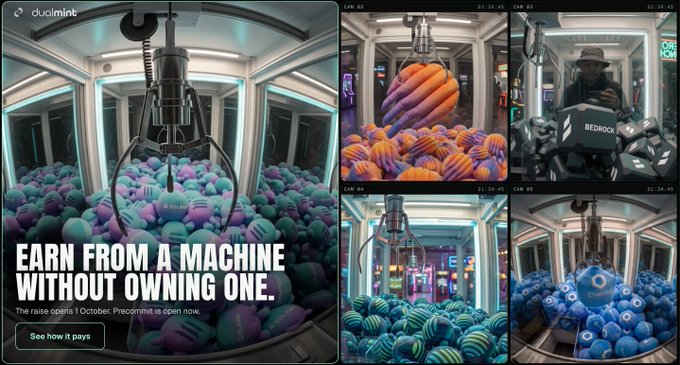 This advertisement for DualMint shows a robotic arm inside a transparent capsule filled with colorful balls, with text reading 'EARN FROM A MACHINE WITHOUT OWNING ONE.' Smaller panels show similar machines branded 'BEDROCK' and 'CRAZI' applied.