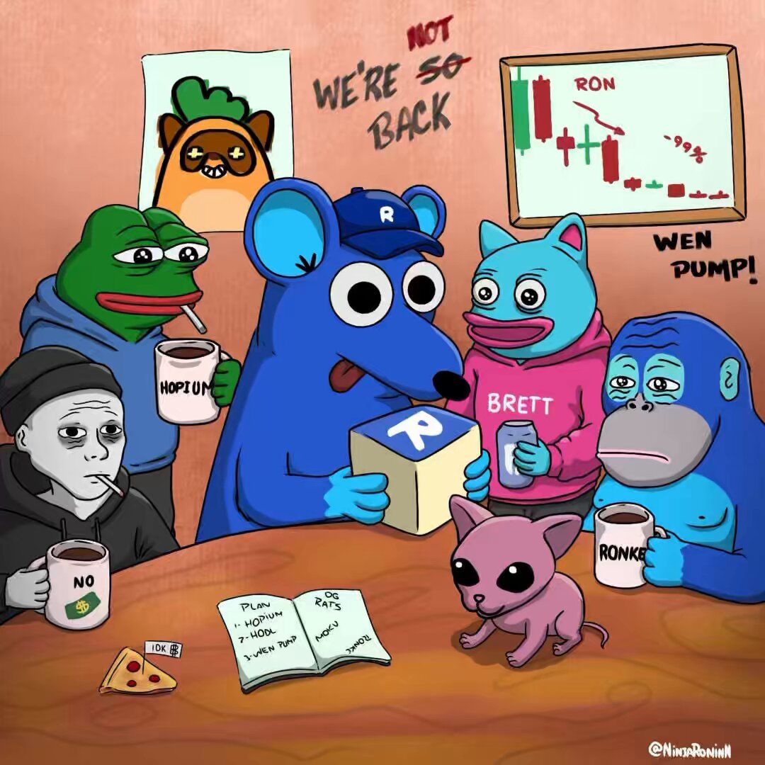 The image features a cartoon scene with five cartoon characters gathered around a table. The main character is a blue mouse holding a box labeled "R". There are also other cartoon characters, including a monkey, a gorilla, and two elephants, all sitting at the table. They appear to be engaged in conversation or enjoying each other's company.

The background of the image shows a brown wall with a poster hanging on it that says "We're so so back!". The text is written in white, making it stand out against the brown wall. There are also two cups placed on the table, one near the left side and another towards the right side. A book can be seen resting on the table as well.