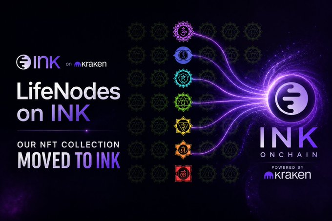 A promotional graphic for "INK on Kraken" announcing "LifeNodes on INK" — an NFT collection that has moved to INK, powered by Kraken.